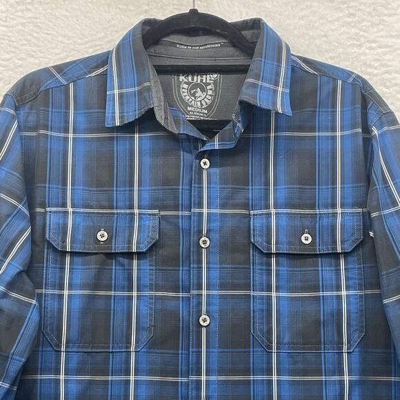 Kuhl Shirt Mens Medium Blue Button Down Eluxor Plaid Outdoor Hiking Lumberjack - Picture 4 of 11